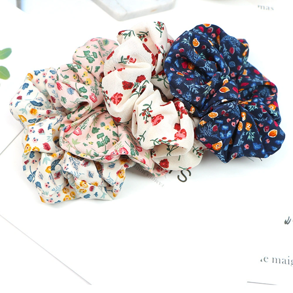 4pcs Floral Printing Hair Scrunchies Hair Rings Hair Rope Stretchy Girl Hair Ties Hair Accessories Ponytail Holders for Women Lady (Red Flower Beige)