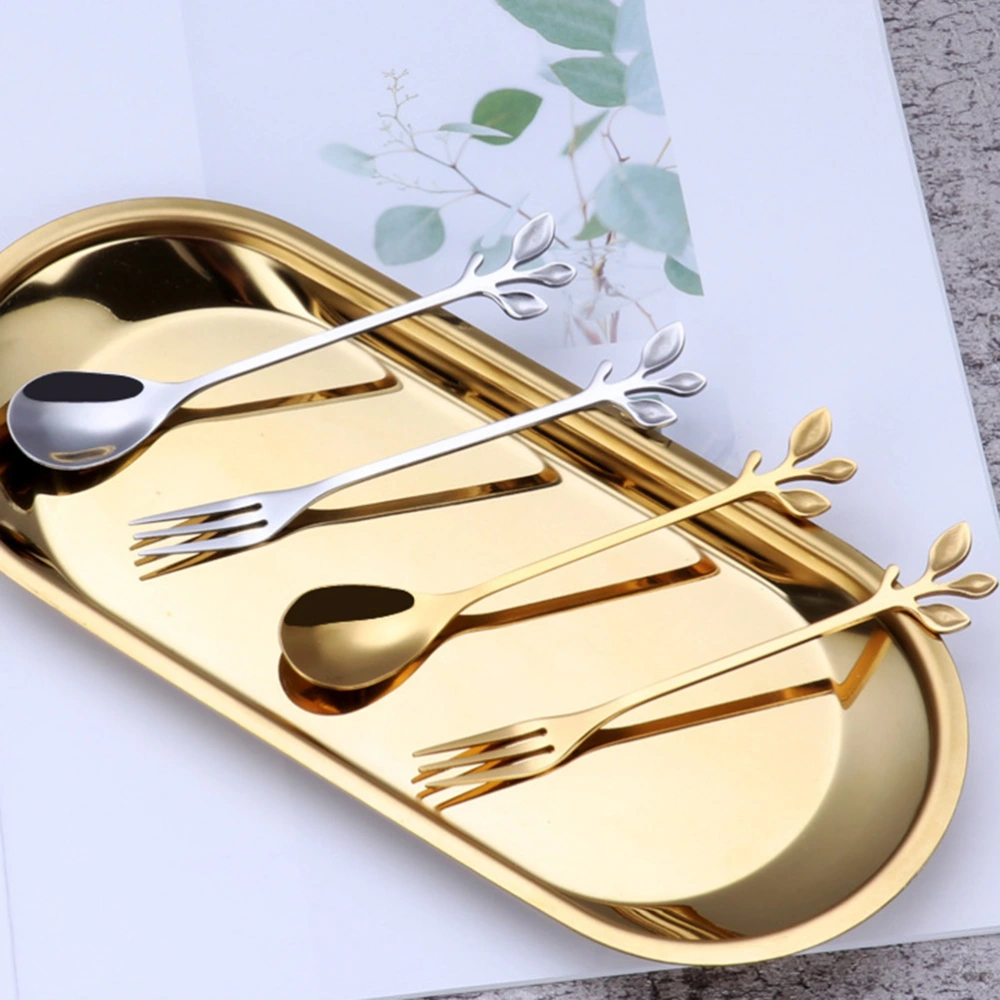 8pcs Stainless Steel Spoon Fork Creative Leaves Shape Design for Home Restaurant Hotel (Godlen)