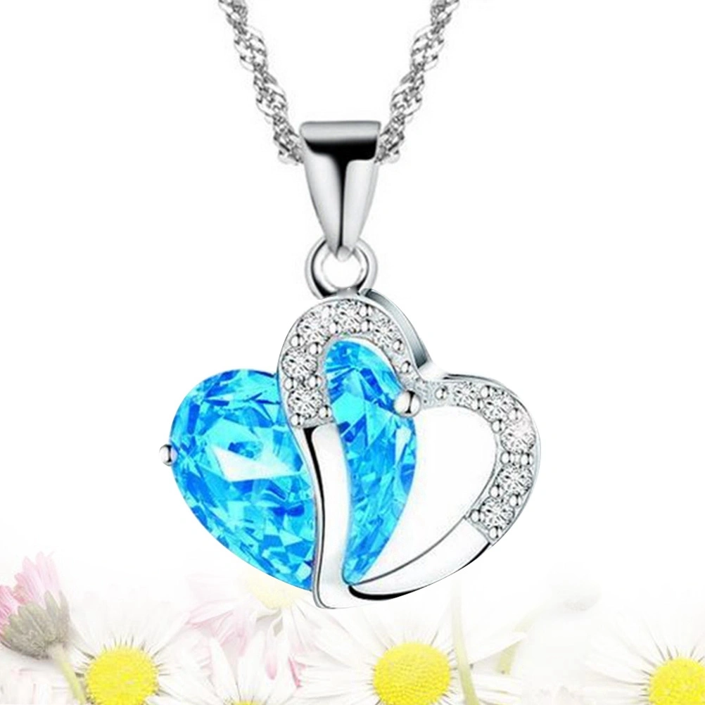 Silver Peach Heart Zircon Crystal Necklace Clavicular Chain Clavicle Chain Sweater Chain(Silver Blue)