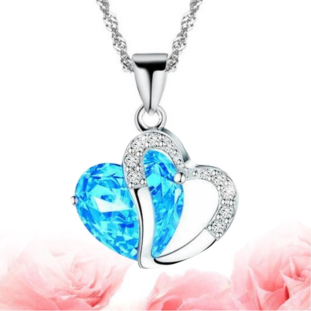 Silver Peach Heart Zircon Crystal Necklace Clavicular Chain Clavicle Chain Sweater Chain(Silver Blue)