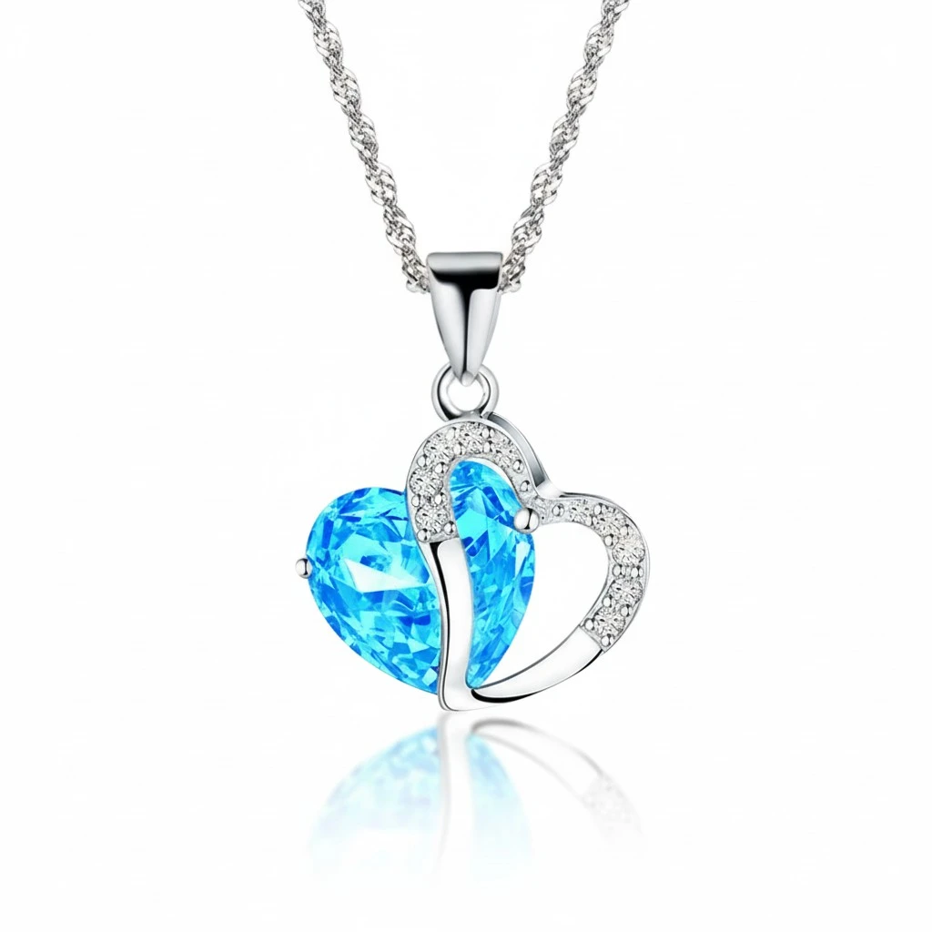Silver Peach Heart Zircon Crystal Necklace Clavicular Chain Clavicle Chain Sweater Chain(Silver Blue)