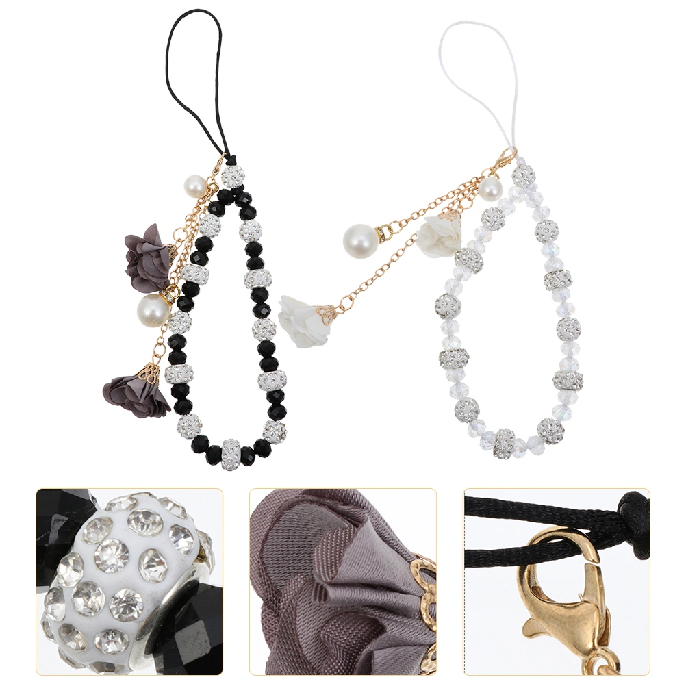 2Pcs Non-slip Phone Lanyards Crystal Beaded Flower Hand Wrist Straps for Cellphone