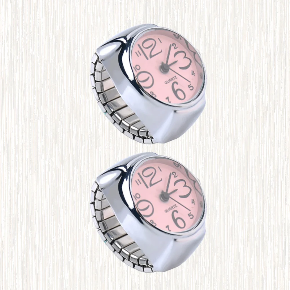 2pcs Finger Wear Quartz Watches Creative Ring Watches Mini Time Display Accessories for Women Men (Pink)