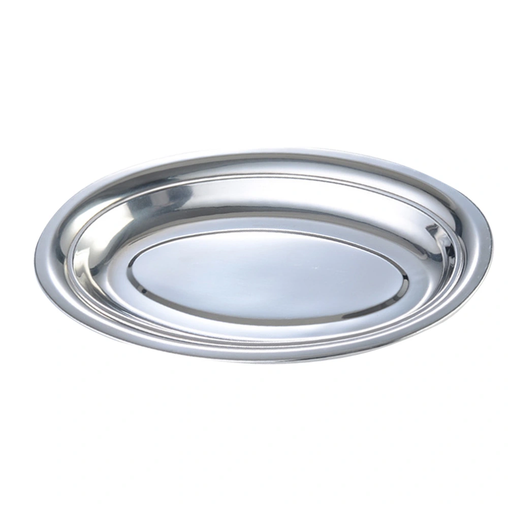 Non Magnetic Stainless Steel Plate Deepen Oval Plate Steamed Vermicelli Ordinary Shallow Dish 28cm Fish Dish (Silver)