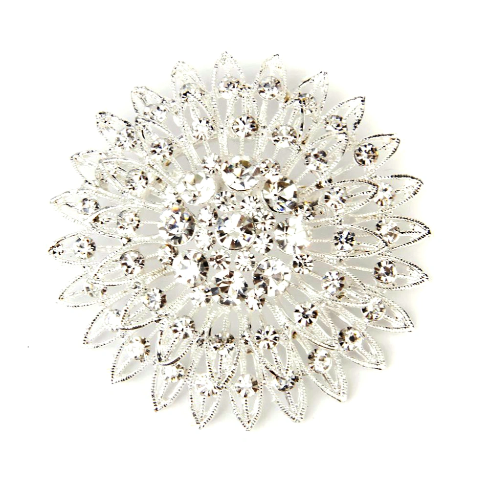 Wedding Bridal Rhinestone Decoration Round Flower Brooch Pin (White)