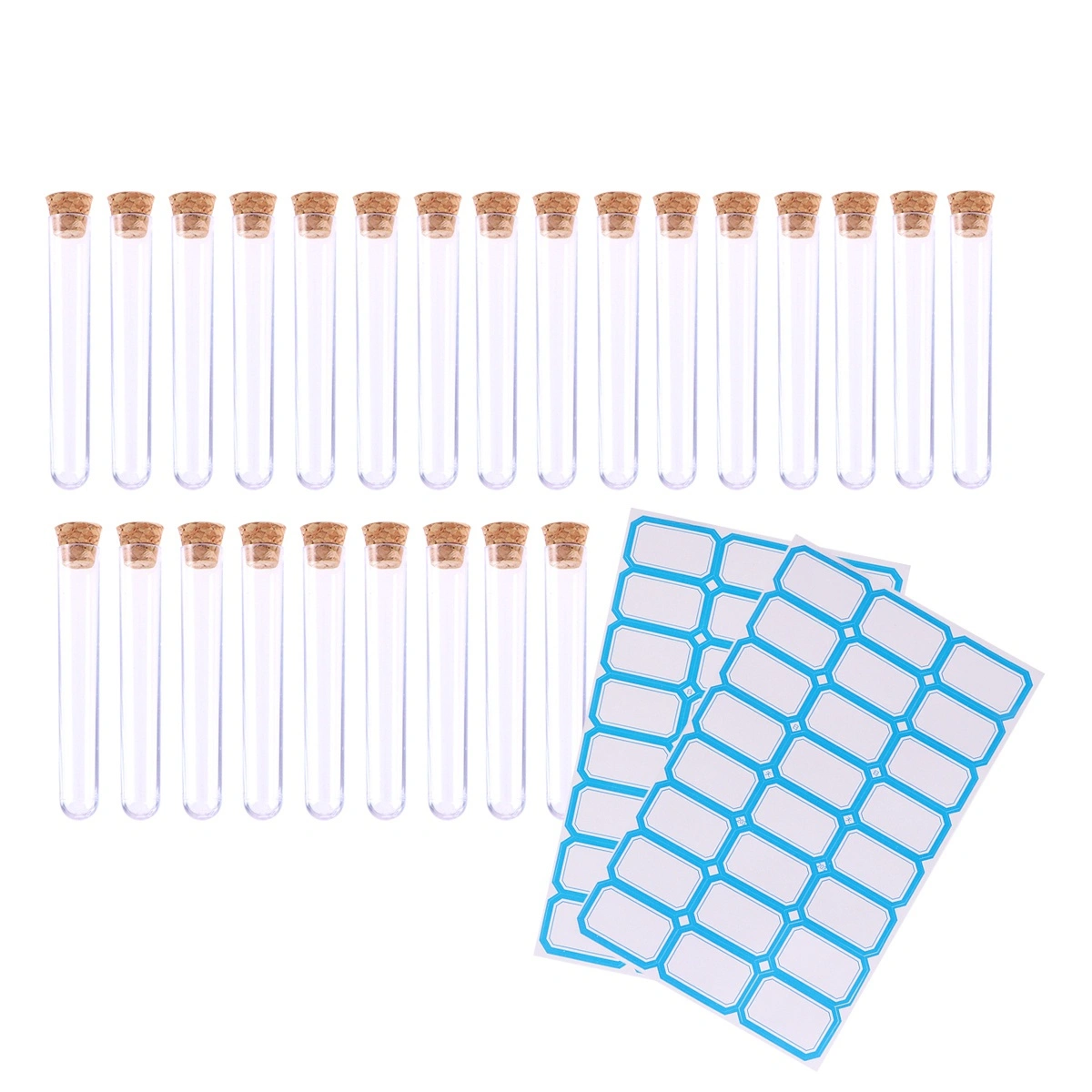 100pcs 1.2x7.5cm Plastic Clear Test Tubes with Cork Stoppers and Brush for Scientific Experiments Powder Liquid Storage (100pcs with 5pcs Stickers of 24 Labels)