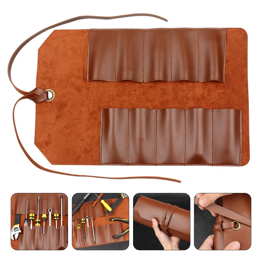 Leather Small Tool Roll Up Bag 10 Slots Carry On Pouch Craft Tools Organizer