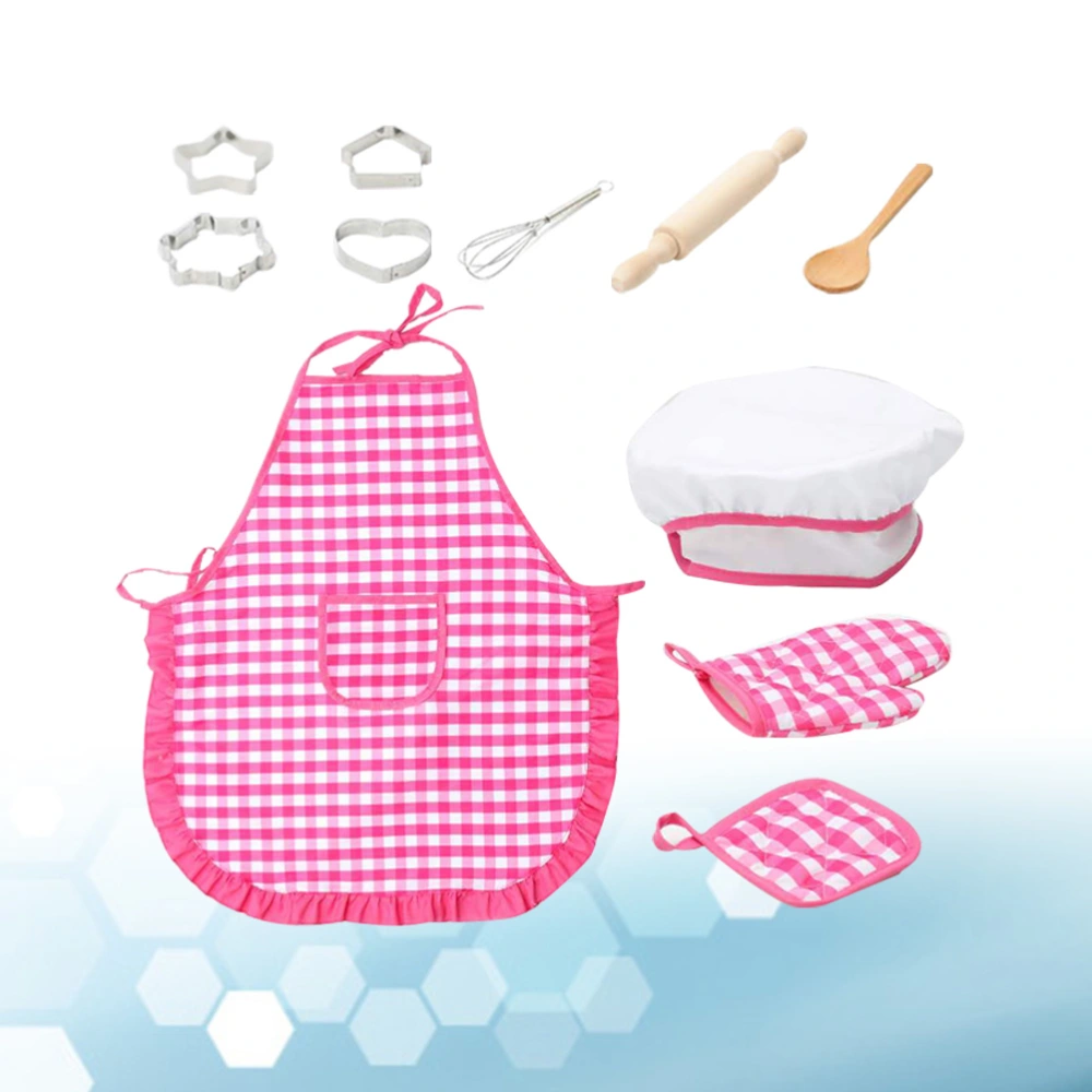 Kitchen Costume Child Role Play Kits Girls Waterproof Apron Hat Cooking Cutters DIY Baking Tools（Rosy）