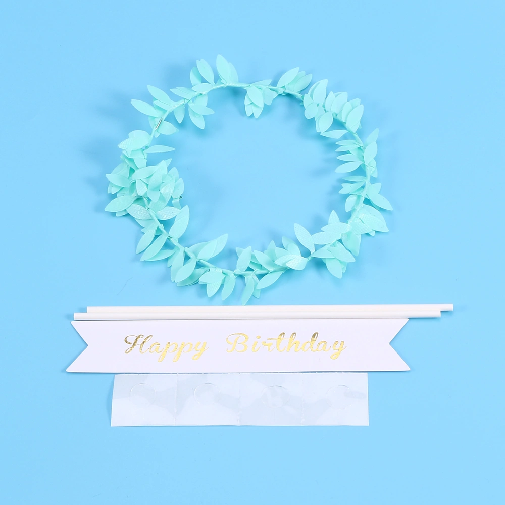 10pcs Happy Birthday Cake Topper Leaves Wreath Cake Topper Creative Chic Cake Dessert Picks Topper Decoration Party Supplies (Blue)