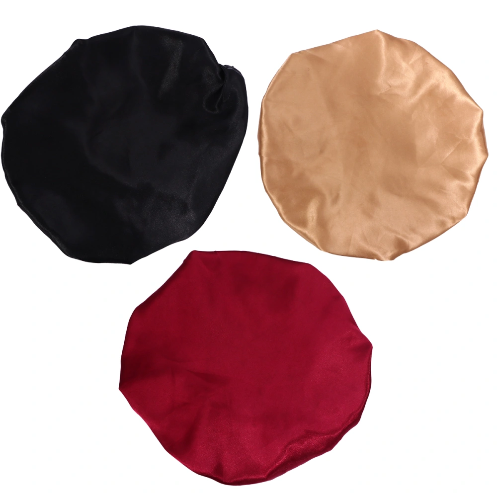 3pcs Delicate Nightcaps Elastic Sleeping Caps Hair Protection Cowls Wide Rim Hat Hair Accessories for Home Travel Trip (Khaki, Black, Red)