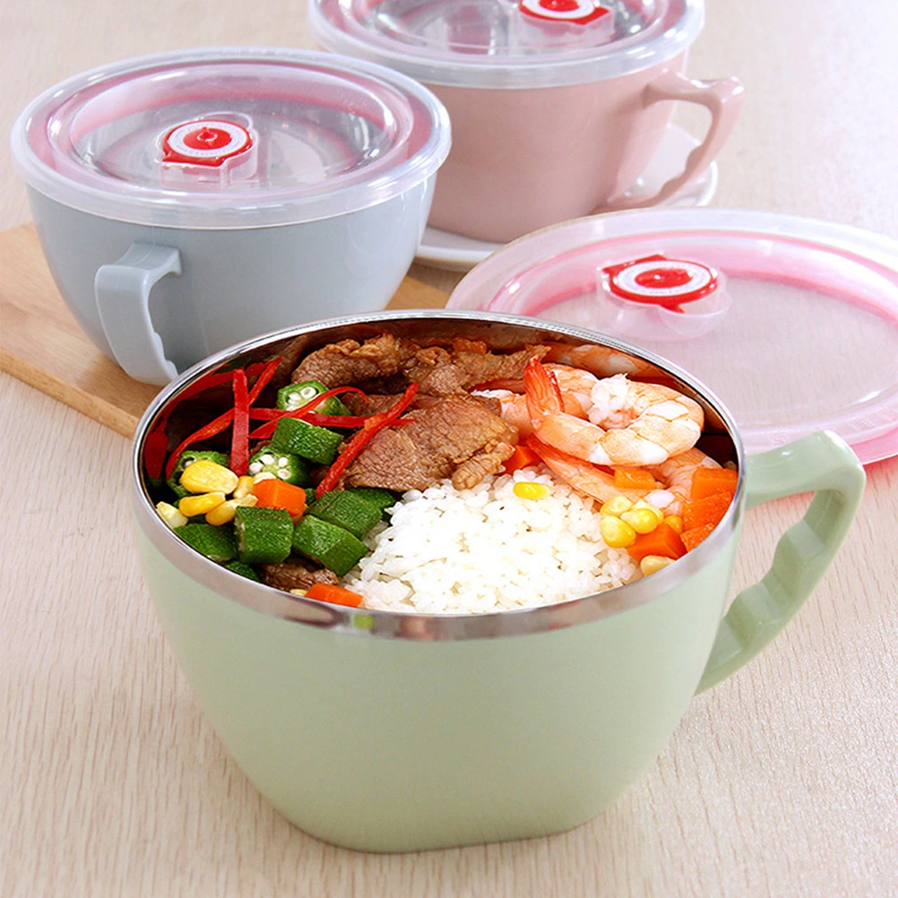 Stainless Steel Noodle Bowl with Handle and Lid Soup Bowls Food Insulation Container (Blue, Random Lid Color)