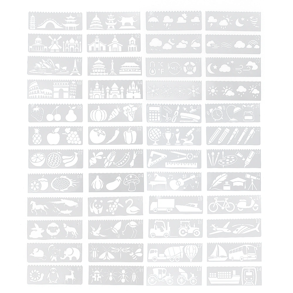 6 Set/48 Pcs Creative Painting Template Drawing Tools Multi-pattern Hollow Out Painting Stencil DIY Craft Projects Drawing Educational Plaything (White, Transportation, Buildings, Vegetables, School Supplies, Weather, Animals Style)