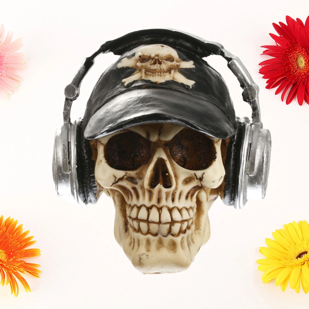 1PC Creative Simulation Resin Skull with Headphone Halloween Skull Props Decoration Collectible Skull Gift Desktop Figurine