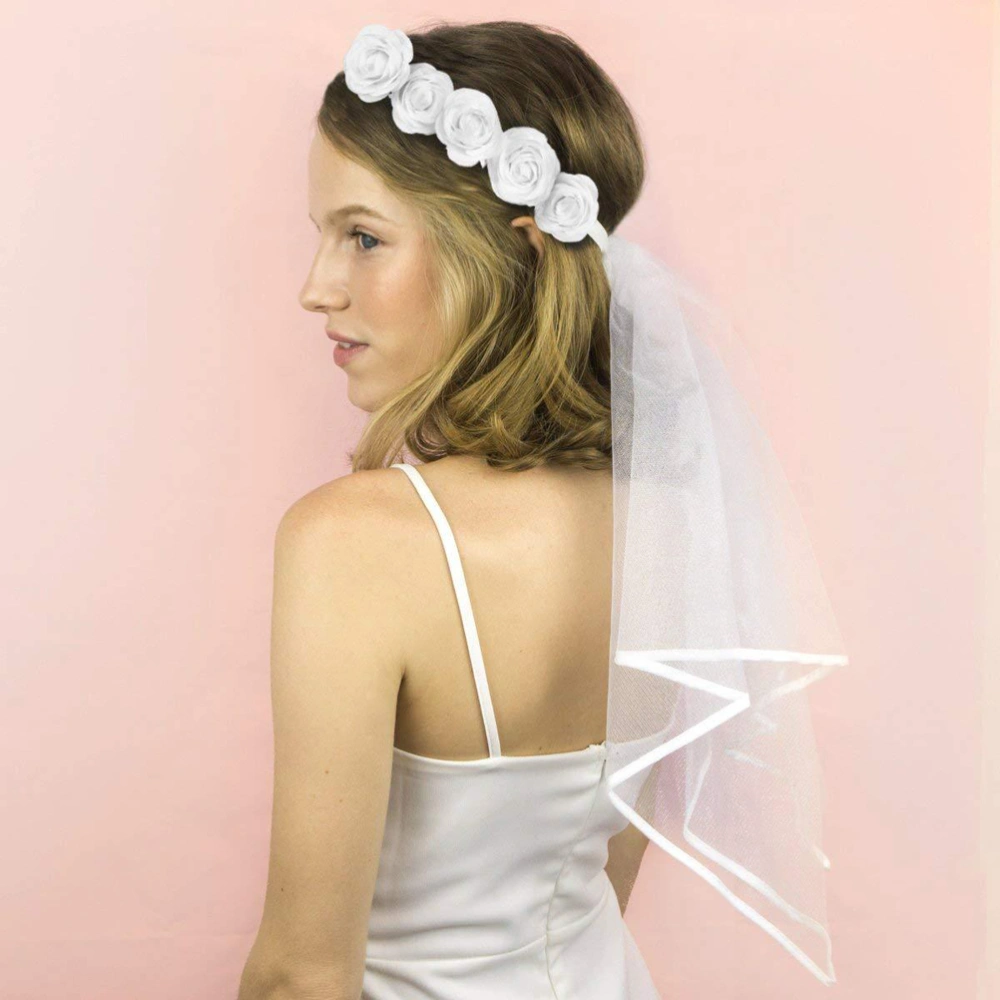 Bride Rose Decor Veil Beautiful Garland Veil for Bride Woman Lady (White)