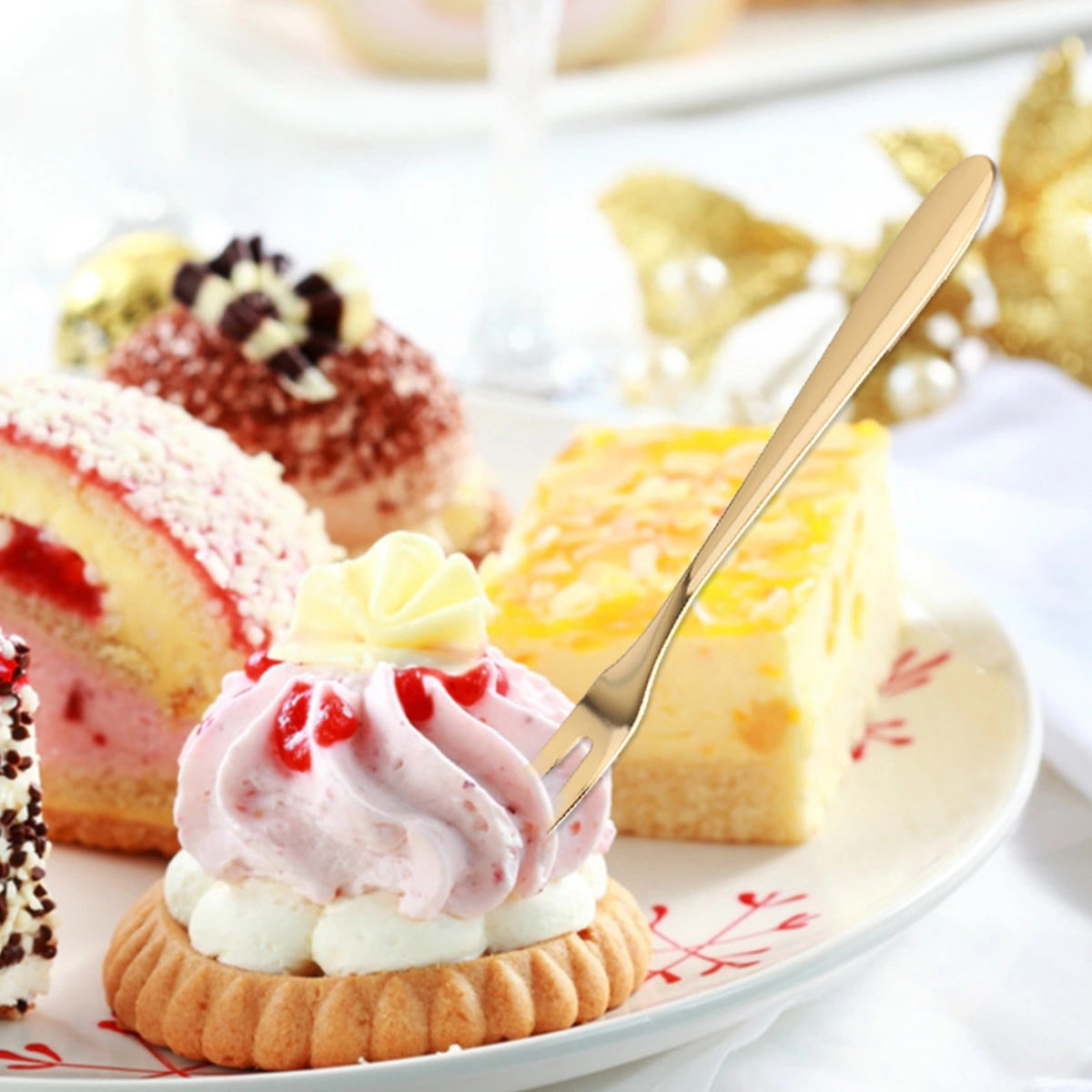 Stainless Steel Fruit Forks Two-tine Dessert Forks Long Handle Pitchforks for Cake Fruit Beefsteak (Titanium)