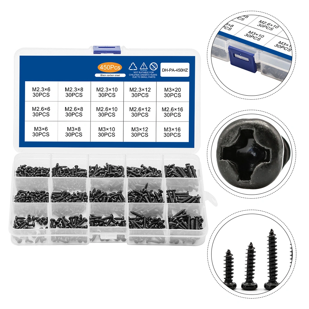 1 Box 450pcs PA Cross Round Head Screws Set Boxed Self Tapping Screw Set (Black)