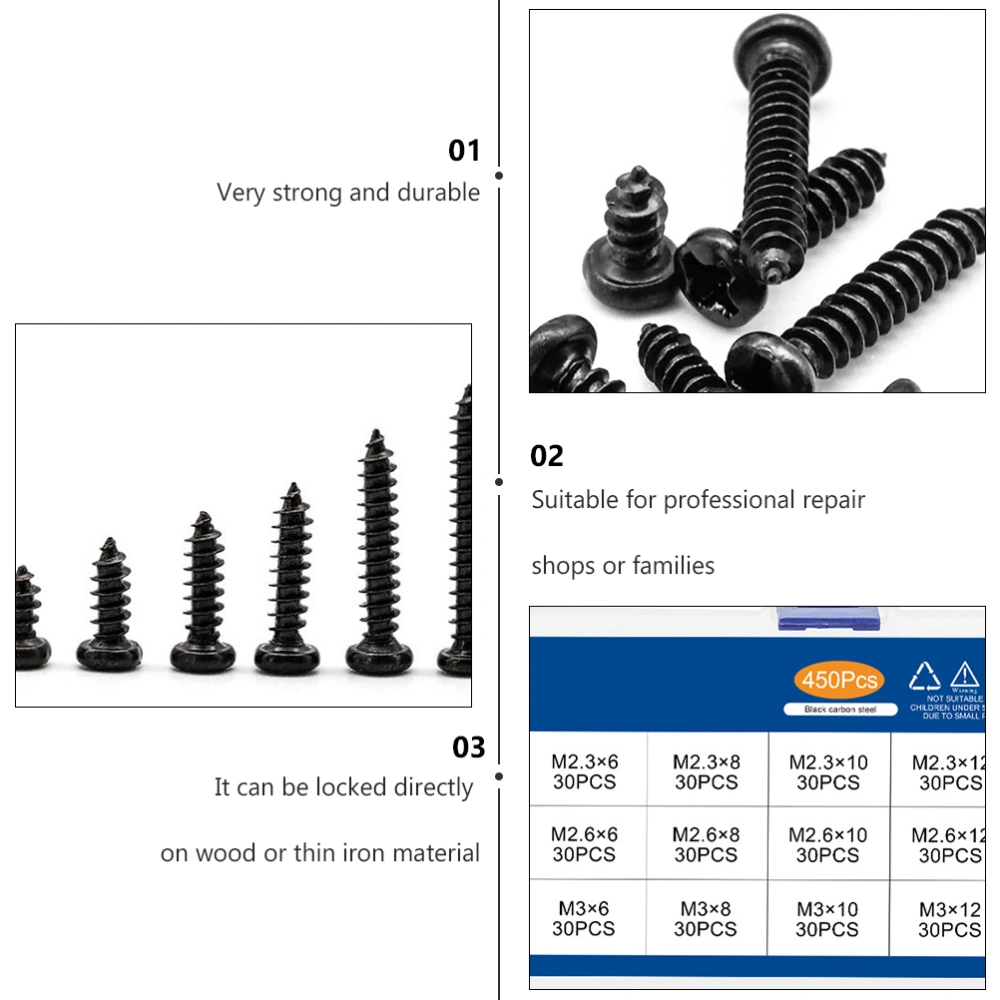 1 Box 450pcs PA Cross Round Head Screws Set Boxed Self Tapping Screw Set (Black)