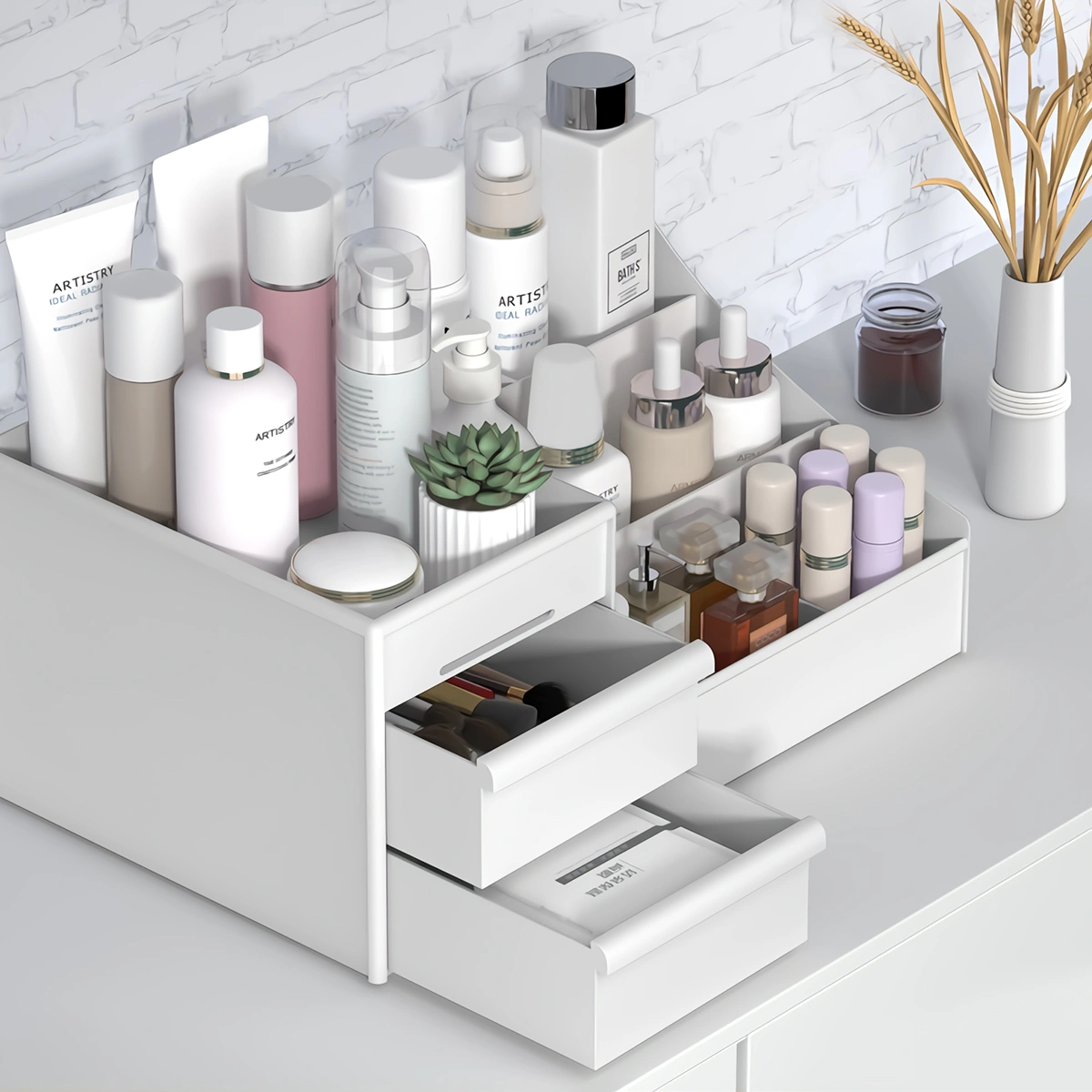 1Pc Desktop Organizer Storage Case Make-up Organizer with 2 Drawer for Bedroom Vanity Table Dormitory (White)