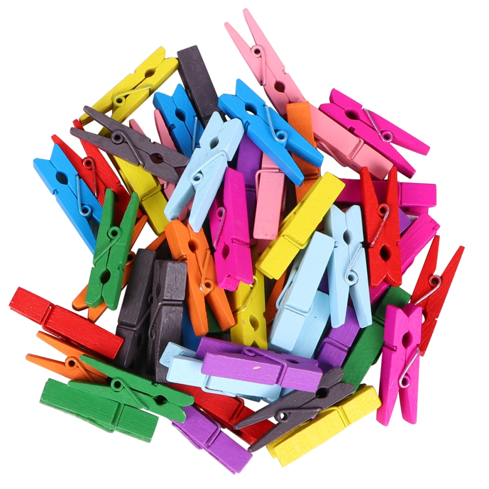 100PCS Wooden Mini Clips Artwork Clothespin Photo Craft Colorful Birch Clips with Twine for Hanging Photos Decoration (Assorted Color)