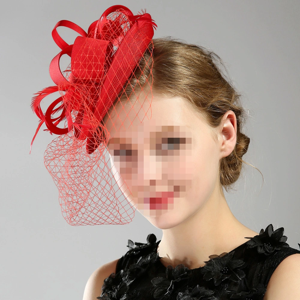 Handmade  Hat Evening Dress Accessories Floral Headwear Mesh Hair Ornaments for Woman Girl Red