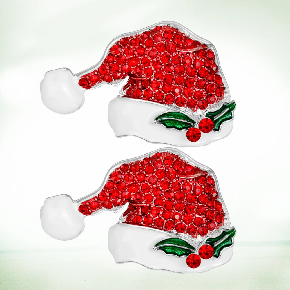 2Pcs Crystal Encrusted Santa Hat Brooch Stylish Creative Breastpin Cloth Accessory for Christmas Party