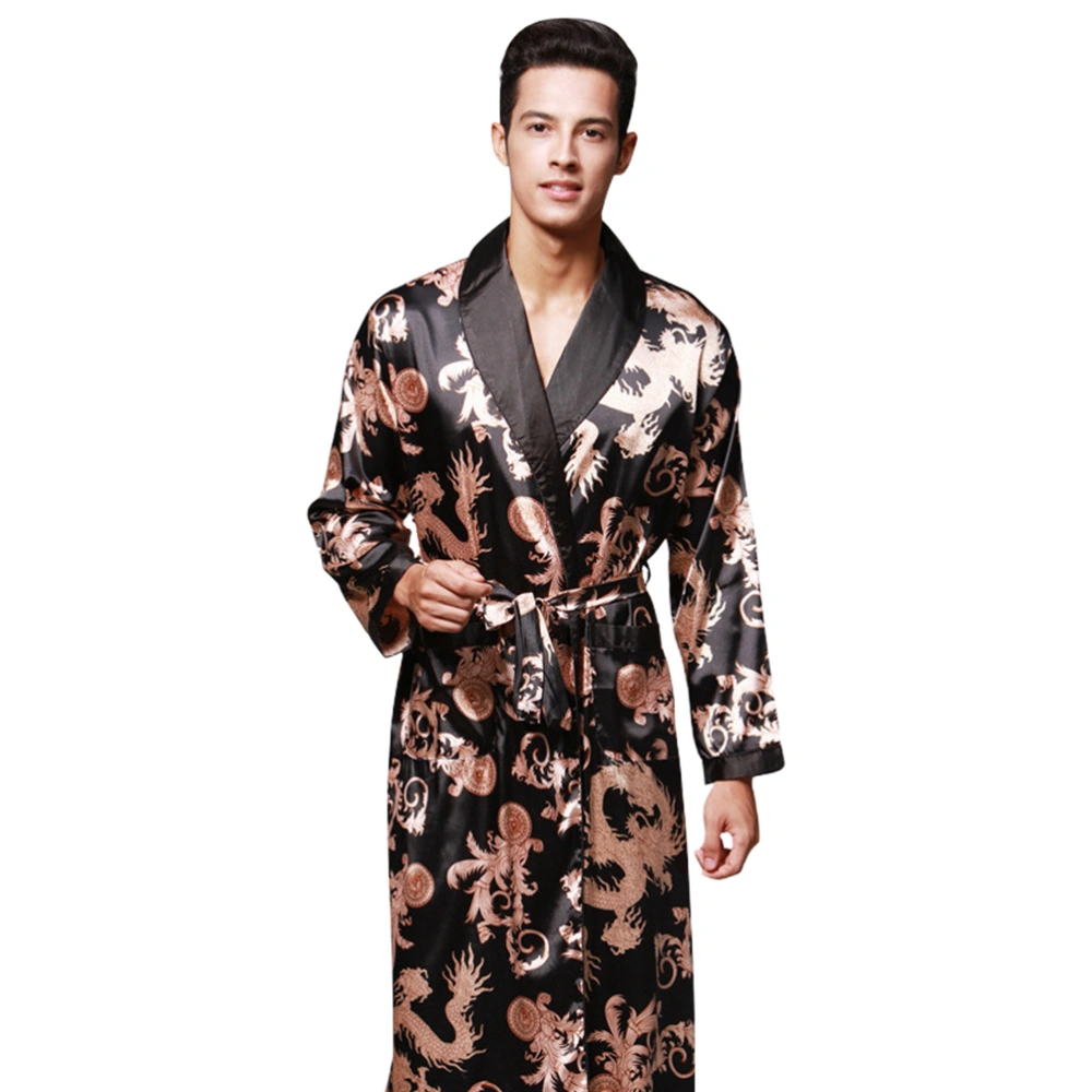 1PC Stylish Men Bathrobe Long Sleeve Silk Bathrobe Artificial Silk Pajamas Practical Men Leisure Wear for Home Hotel Wearing Size XXL Black