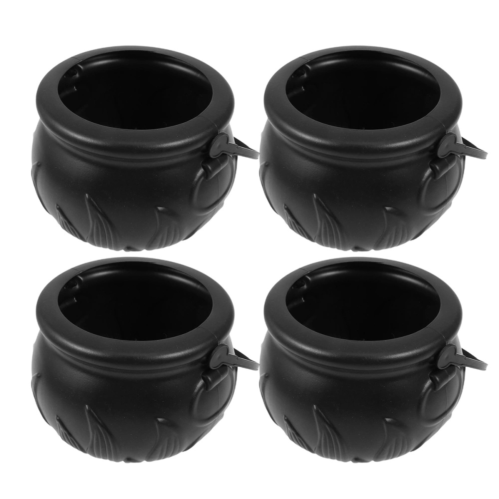 4pcs Halloween Black Witch Buckets Portable Candy Holder Plastic Round Basket for Kids (Large）