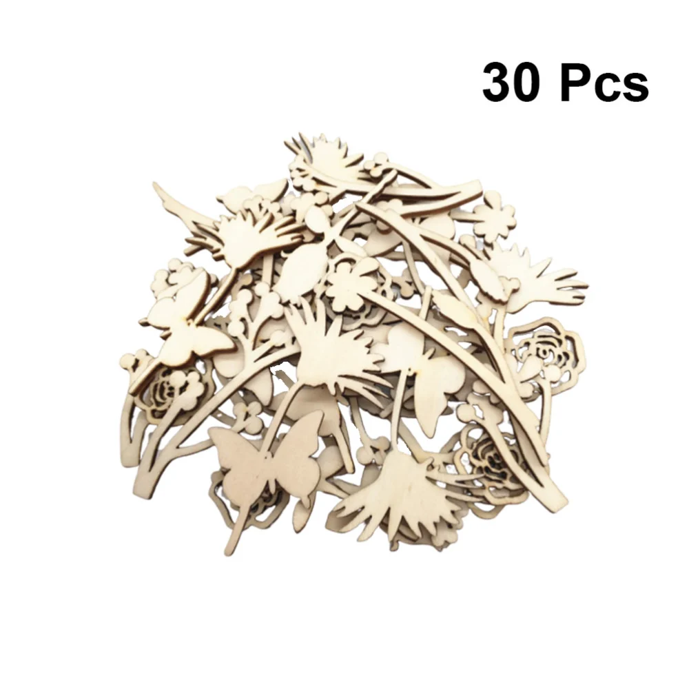 30pcs Poplar Wood Chip Rose Floral Shape Wooden Slices Craft Ornament Decoration Wooden Hollow Out DIY Accessories Without Hole(Assorted Pattern)