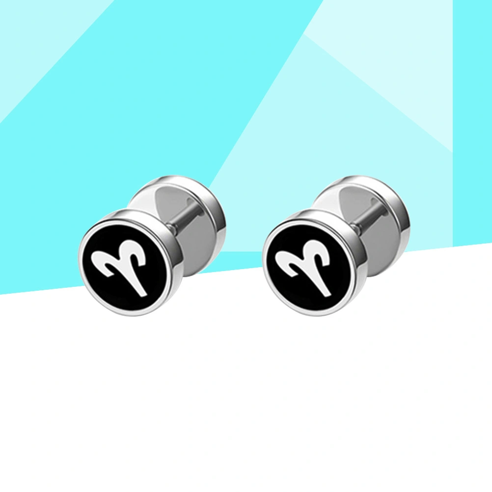 1 Pair of Fashion Stainless Steel Screw Stud Earrings Ear Piercing Plugs with Zodiac Sign for Men and Women (Aries)