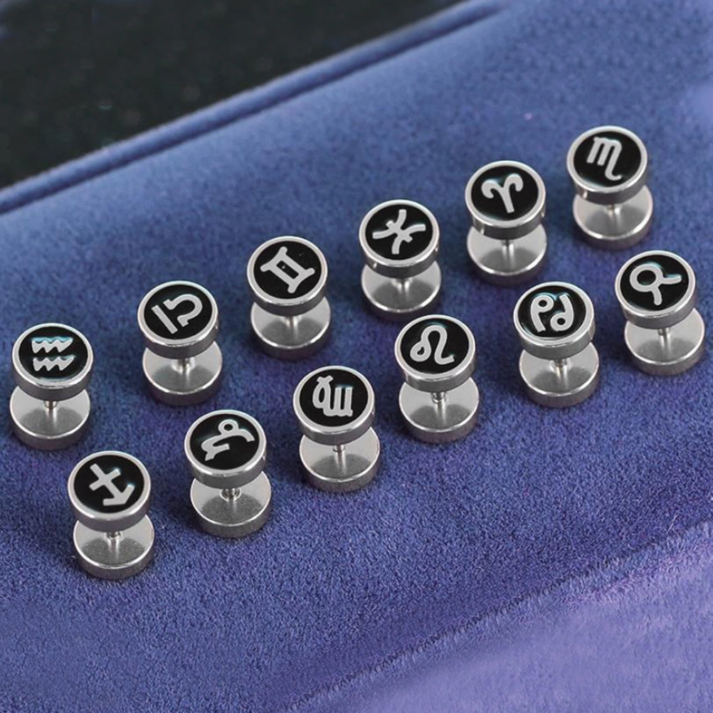 1 Pair of Fashion Stainless Steel Screw Stud Earrings Ear Piercing Plugs with Zodiac Sign for Men and Women (Aries)