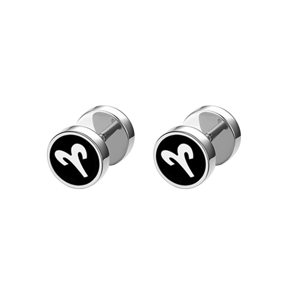 1 Pair of Fashion Stainless Steel Screw Stud Earrings Ear Piercing Plugs with Zodiac Sign for Men and Women (Aries)