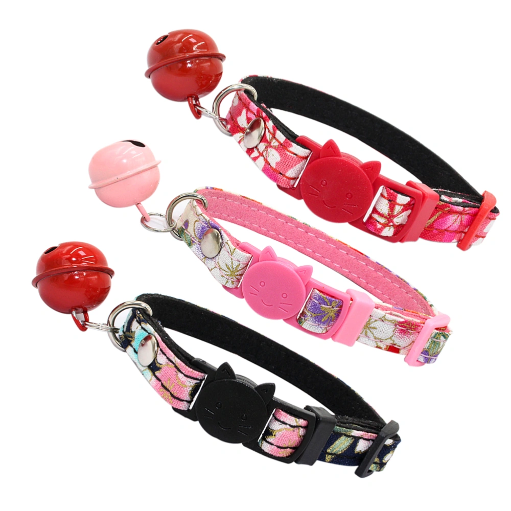 3 Pcs Japanese Style Pet Collar Flower Printed Necklace Creative Cat Head Neck Chain with Safty Buckle Bells for Cat Dog - M(Black Pink Red)