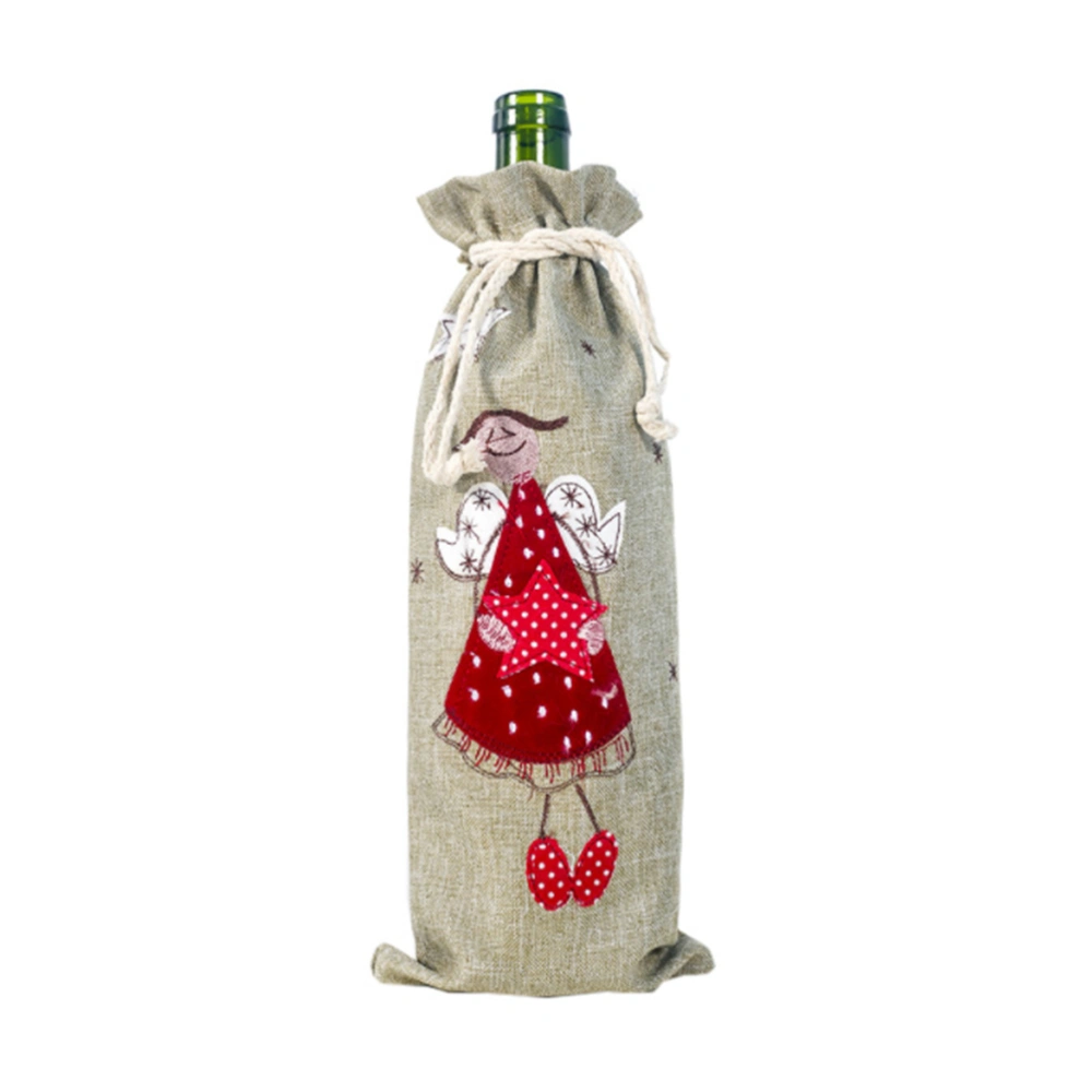 3pcs Christmas Wine Bottle Cover Linen Cloth Embroidery Angel Shape Drawstring Wine Bottle Bag for Decor