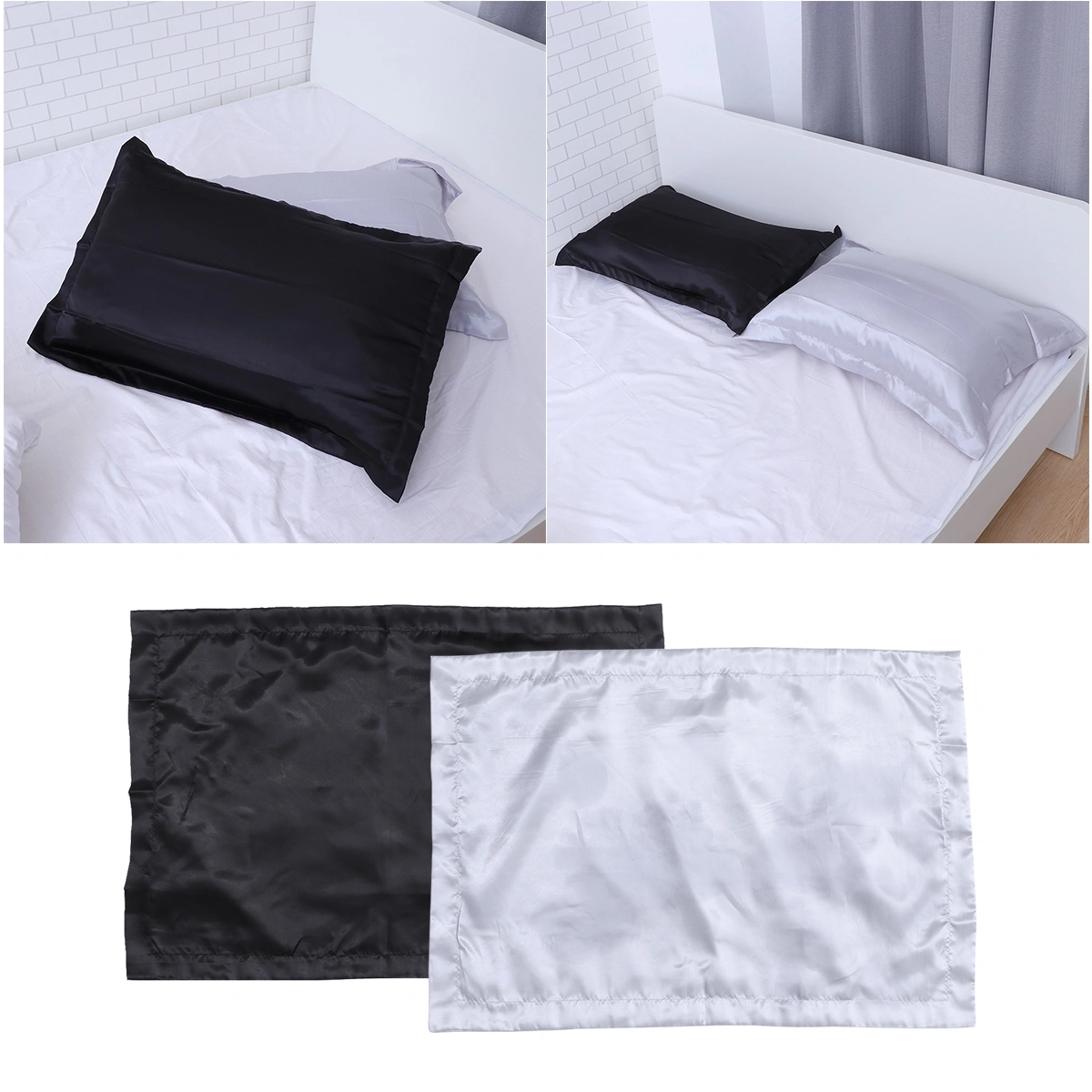 2pcs Silk Pillow Case Simple Pillow Case for Home Hotel Bedroom (Black and Gray)