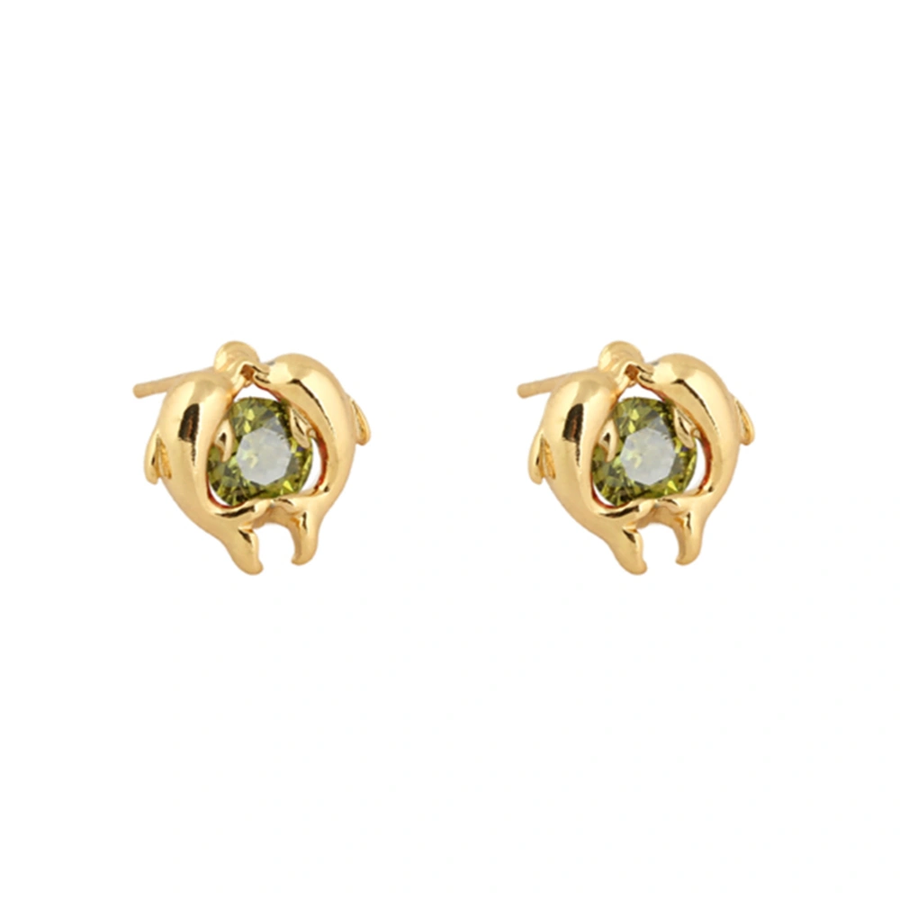 Pair of Women's Girls Dolphin Style Zircon Eardrop Earrings Ear Studs (Green)