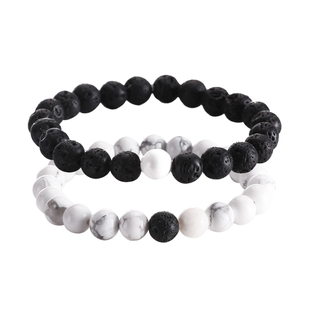 2pcs Black and White Lava Natural Stone Beads Bracelets Vintage Design Volcanic Bead Strand Bracelets for Women Men Jewelry Gifts