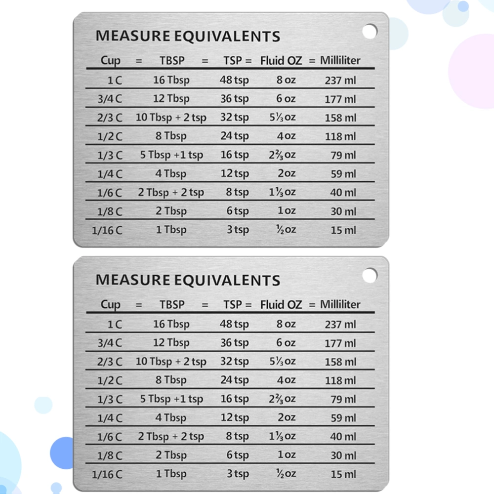 2pcs Stainless Steel Measure Equivalent Measurement Conversion Chart Oz and Milliliters Measuring Conversion Refrigerator Magnet​ for Cups Teaspoons  