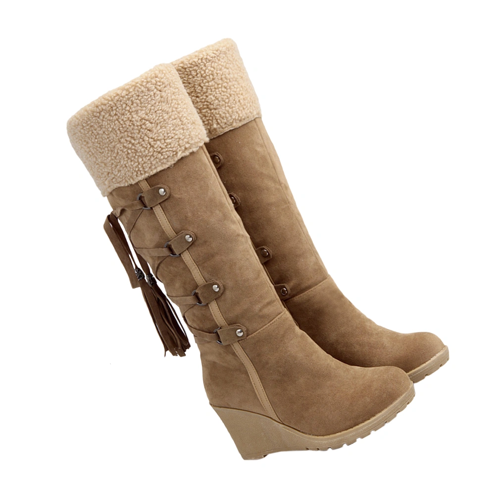 Women High Boots Fashion Slipsole High Boots Girl Tassel Boots Winter Snow Boots (Brown Size 38)
