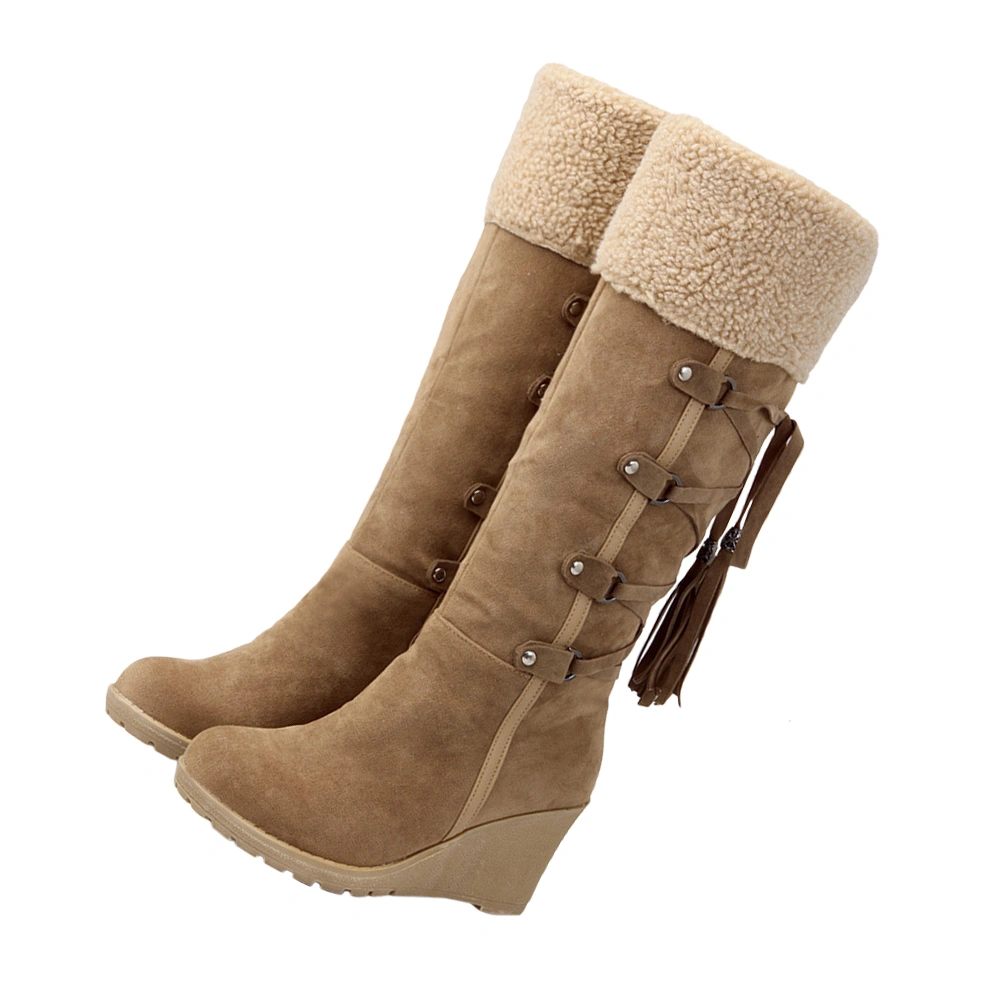 Women High Boots Fashion Slipsole High Boots Girl Tassel Boots Winter Snow Boots (Brown Size 38)