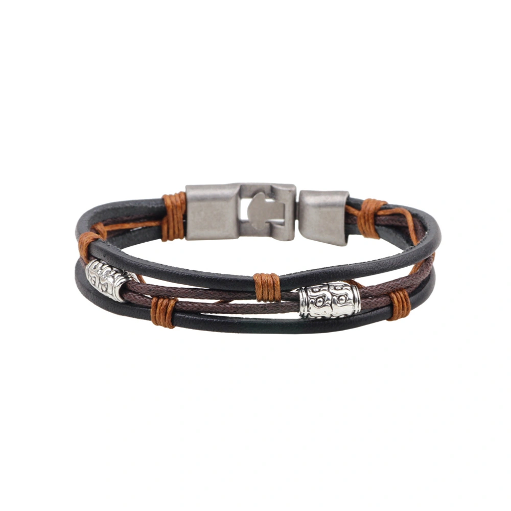 Retro Hemp String and Genuine Leather Bracelet Punk Style Multi-Layers Bracelets (Black and Brown)