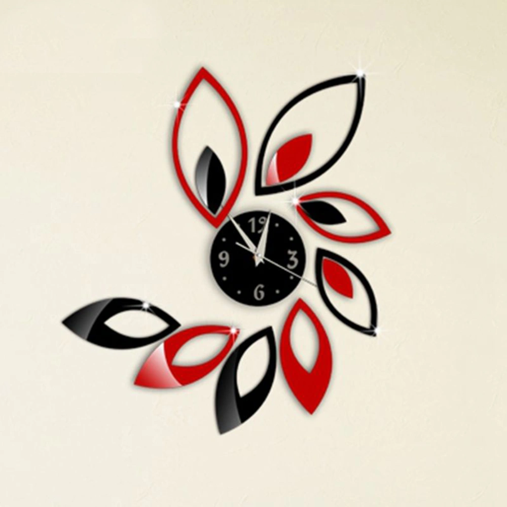 Mirror Wall Clock Rhombus Leaves Sticker Decoration (Red+Black)