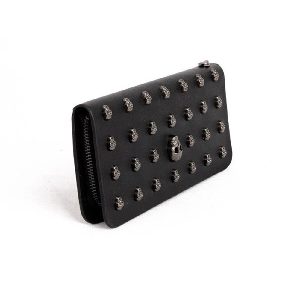 Women Skull Zippered PU Long Wallet Purse Handbag with Wristlet (Black)