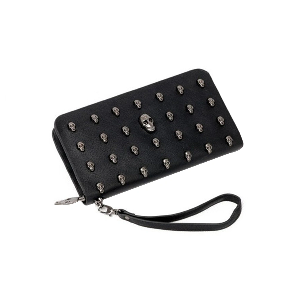 Women Skull Zippered PU Long Wallet Purse Handbag with Wristlet (Black)