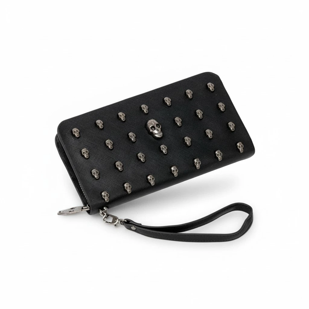 Women Skull Zippered PU Long Wallet Purse Handbag with Wristlet (Black)