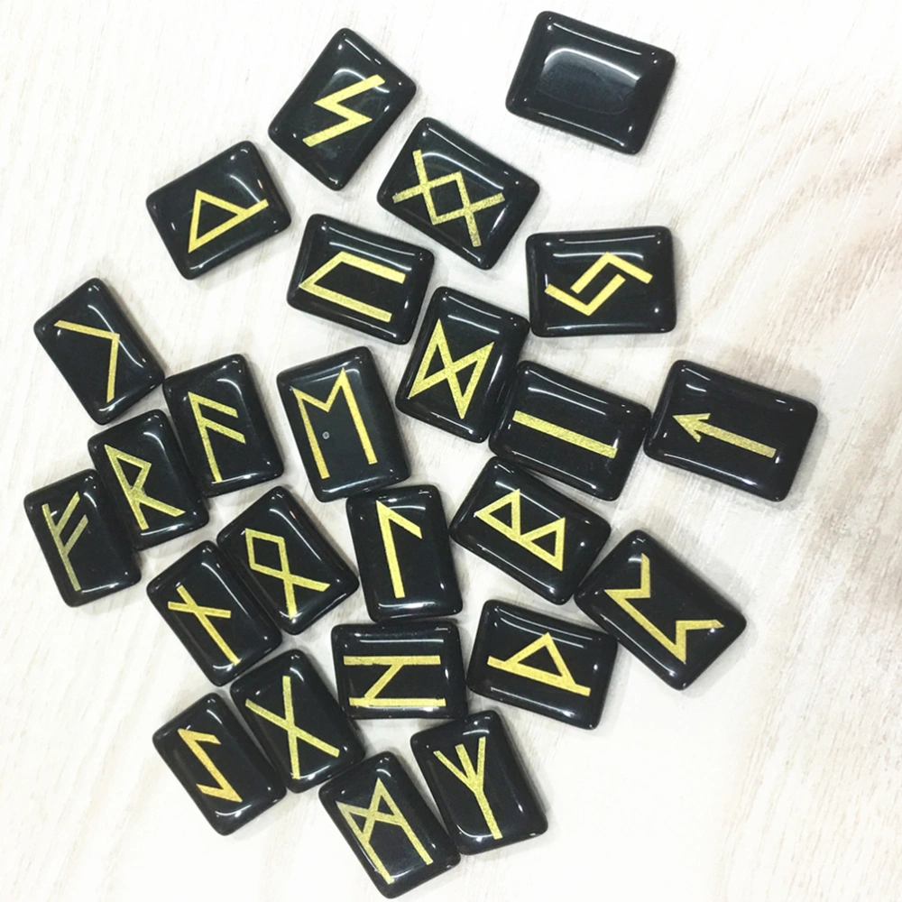 25PCS Natural Rune Stone Lettering Crystal Pendants Engraved DIY Material Jewelry Findings for Gift Fortune Teller (Black Onyx)