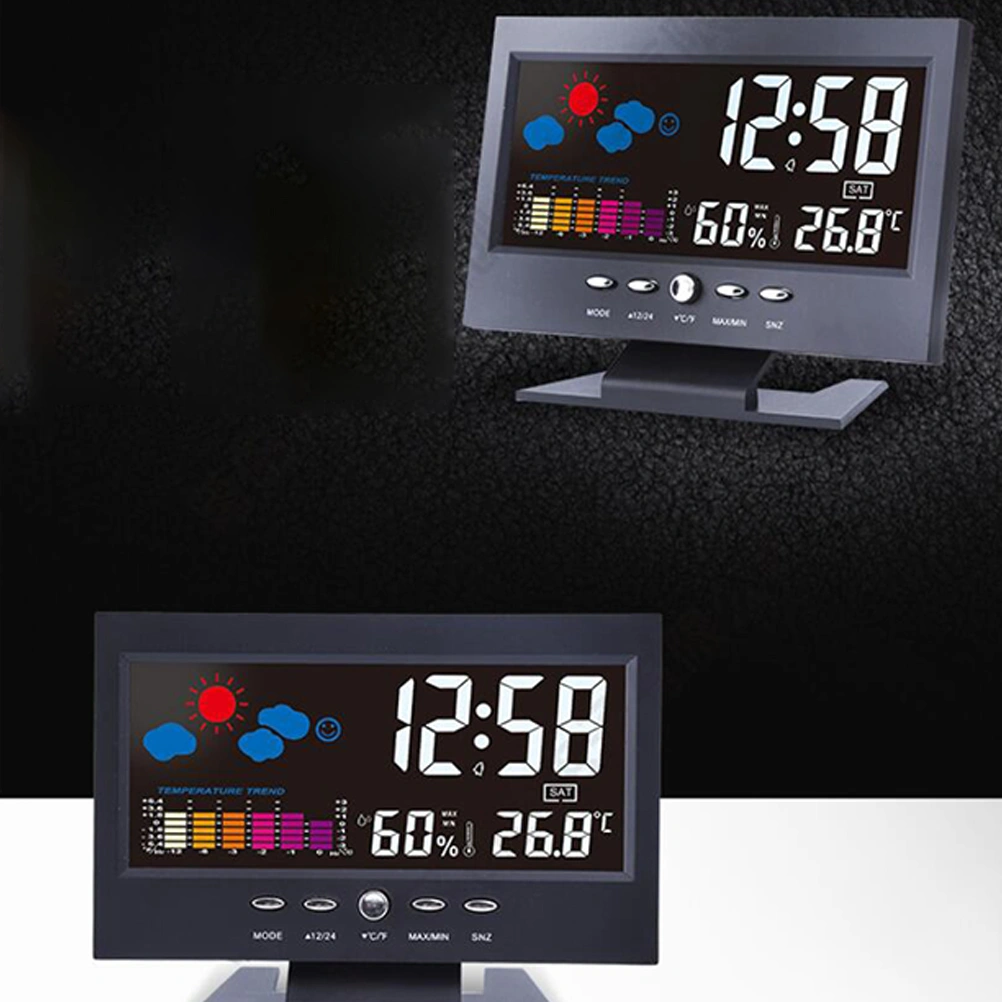 Desktop LED Weather Forecast Clock Home Digital Display Calendar Alarm Clock Multi-function Large Screen Clock (Black, with USB Cable)