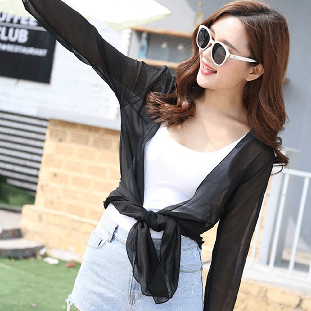 2017 New Women Solid Chiffon Loose Shawl Kimono Cardigan Shirt Blouse - Size L (Black)