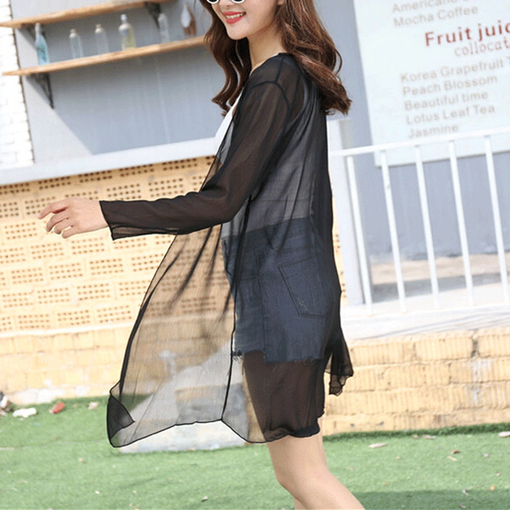 2017 New Women Solid Chiffon Loose Shawl Kimono Cardigan Shirt Blouse - Size L (Black)