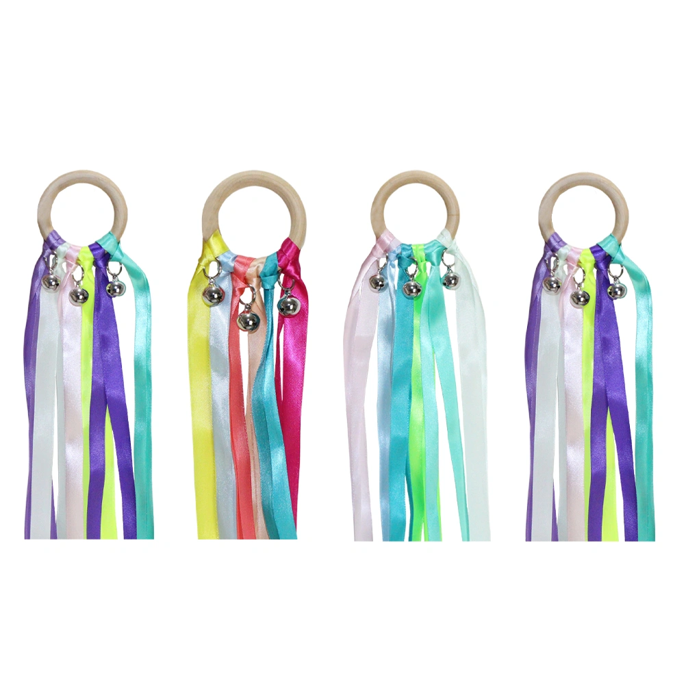 4pcs 25cm Cheerleading Bell Prop Wooden Round Handle Dance Ribbon for Festival Stage Performance Party (Colorful Random)