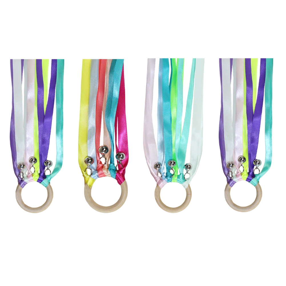 4pcs 25cm Cheerleading Bell Prop Wooden Round Handle Dance Ribbon for Festival Stage Performance Party (Colorful Random)